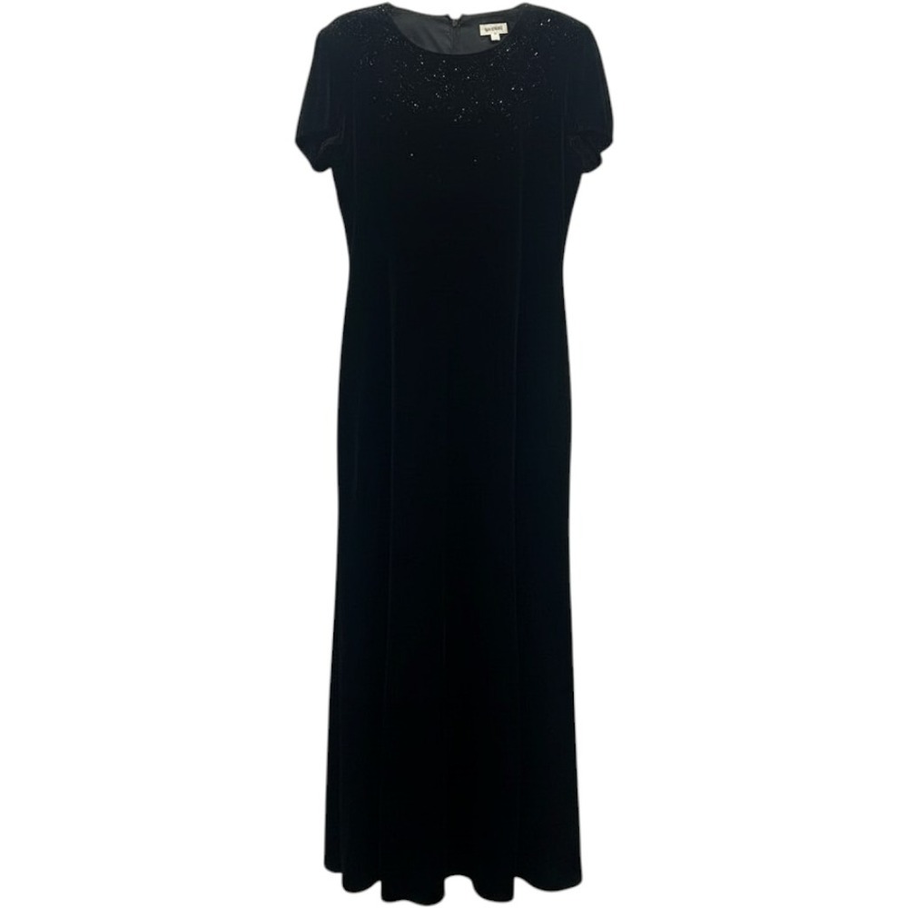 P.J. Klein Black Velvet Beaded Maxi Dress Short Sleeve Formal Size 12